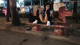 Sissy, rag, femboy riding her dildo in public viewers masturbate in front of her