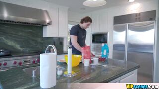 Extra small redhead teen Madie Collins is misbehaving in the kitchen again