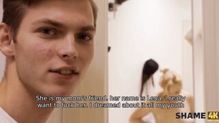 SHAME4K. Boy follows mature blonde to the shower room and fucks her