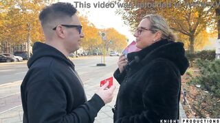 German MILF with Giant Tits Helps Dumb Lost American